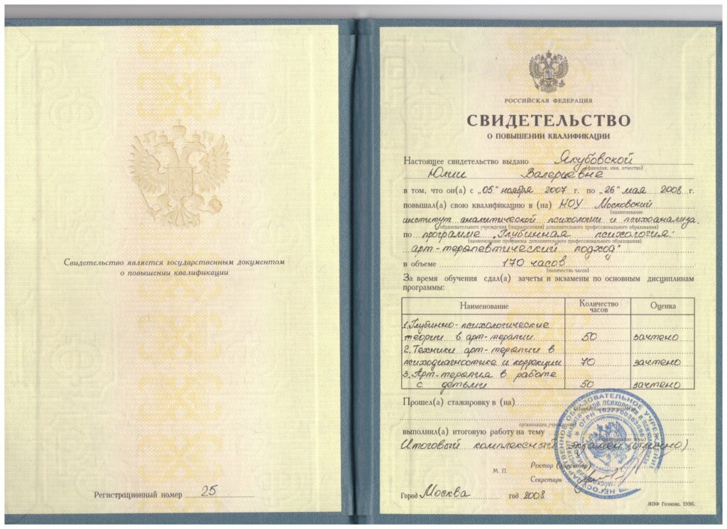 Сертификат психолога Юлии Якубовской